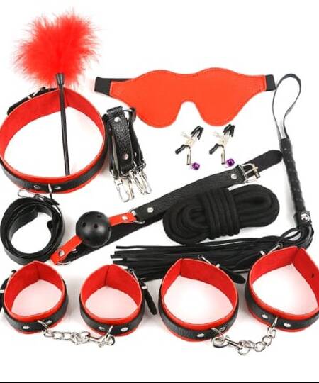 10-piece leather BDSM kit for adult with handcuffs, blindfolds, paddle, and collar